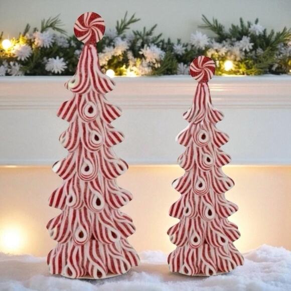 Peppermint Christmas Tree LED Light Up Sz 9.25 & 6.5 in Tabletop Ribbon Candy - Picture 3 of 9